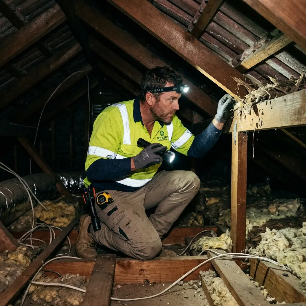 Technician inspecting a roof cavity for a dead animal in West Melbourne