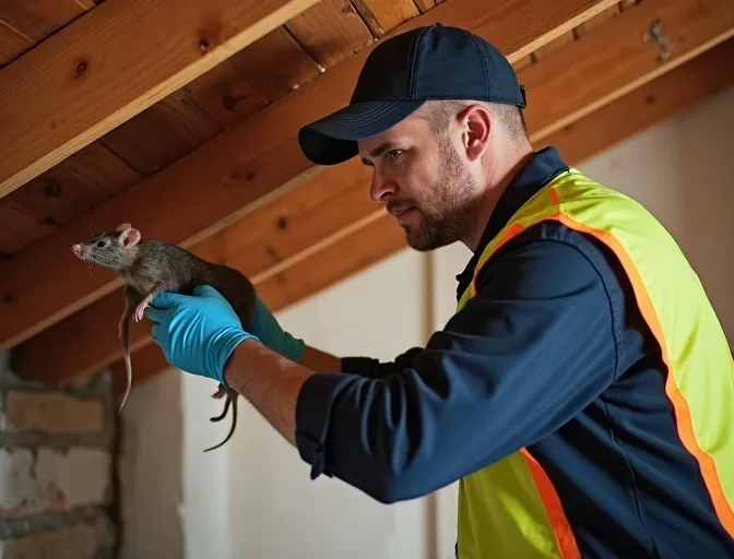 Technician inspecting a roof cavity for a dead rat in West Melbourne